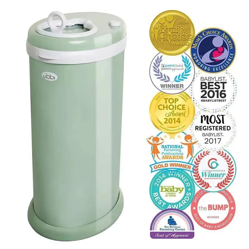 Ubbi Steel Odor Locking Diaper Pail in sage green, featuring award badges highlighting its accolades and recognition.