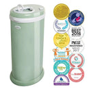 Ubbi Steel Odor Locking Diaper Pail in sage green, featuring award badges highlighting its accolades and recognition.