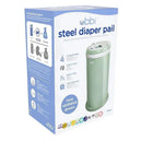 Sage green Ubbi steel diaper pail with odor-locking features, presented on product packaging.