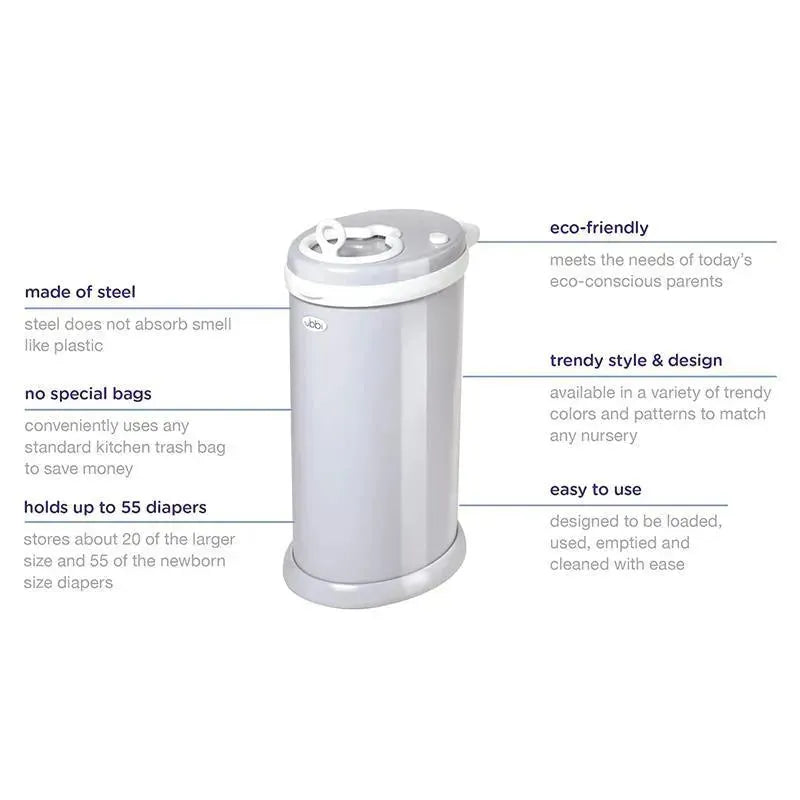 Steel diaper pail in sage green, designed to hold up to 55 diapers, eco-friendly, uses standard kitchen trash bags.
