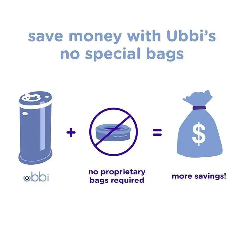 Ubbi Steel Odor Locking Diaper Pail illustration, highlighting savings with no special bags required for use.