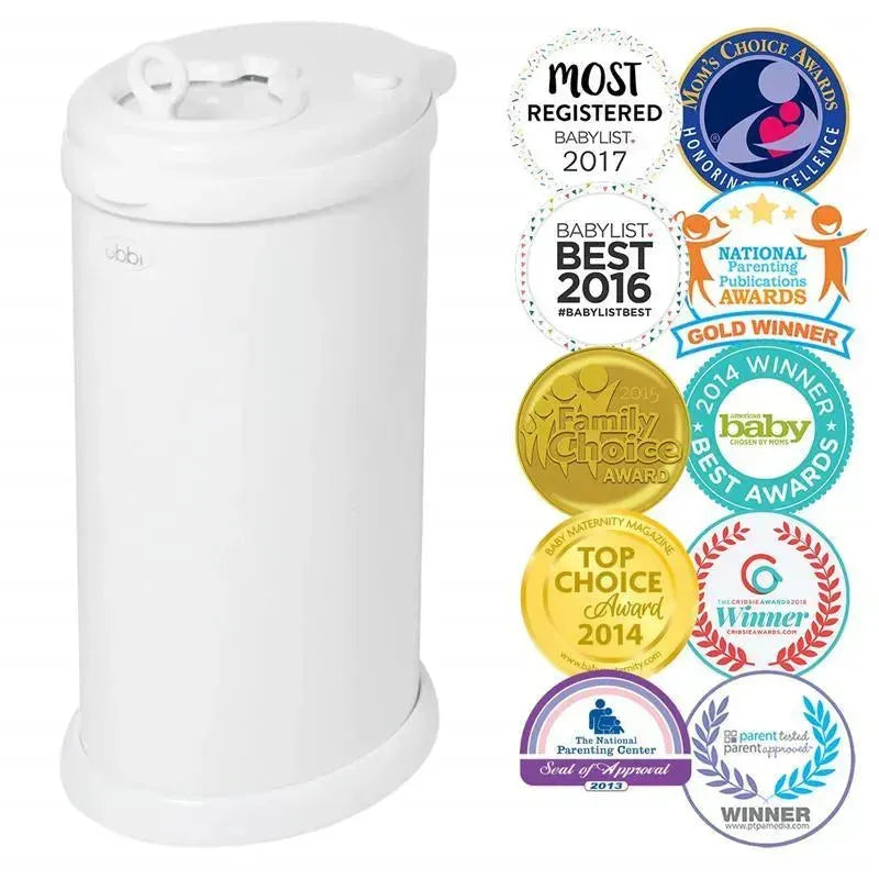 White Ubbi Steel Odor Locking Diaper Pail with multiple award badges indicating 2013 to 2017 recognitions.
