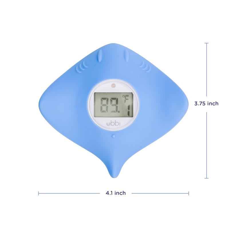 Blue Ubbi Stingray baby bath thermometer with a digital display showing 89.1°F, measuring 4.1 inches wide and 3.75 inches tall.