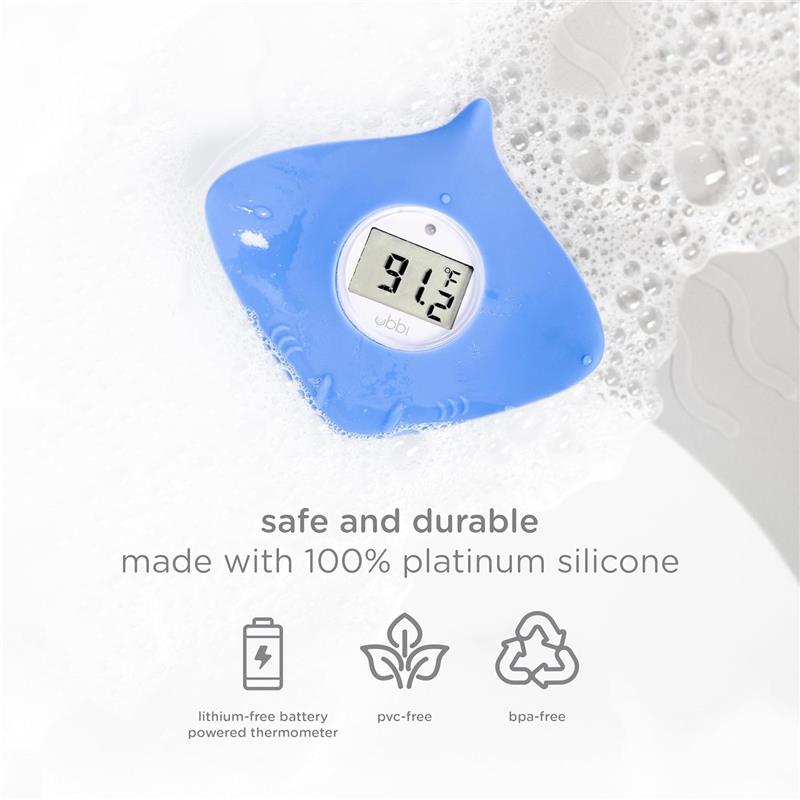 Floating blue stingray bath thermometer displaying a temperature of 91.2°F, made of silicone, and safe for infants.