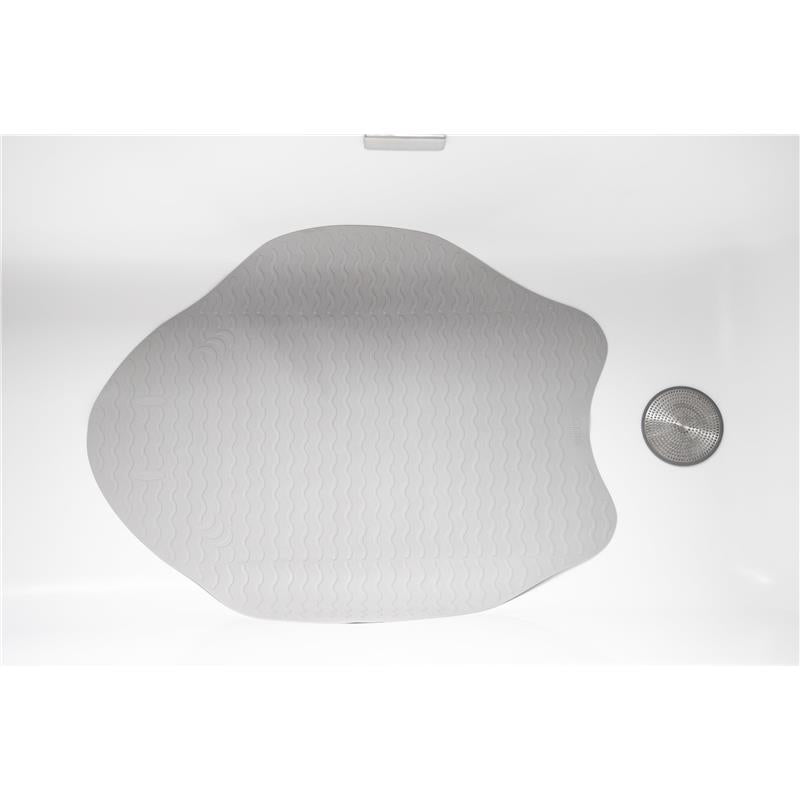 Gray Stingray bath mat for babies, featuring a wavy texture, positioned in a white bathtub beside a drain.