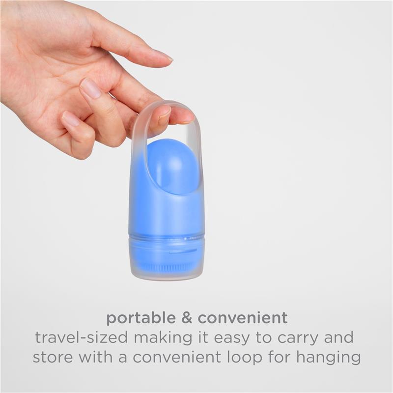 Sunsqueeze Sunscreen Applicator in blue, held by a hand; features a roll-on applicator and a hanging loop.