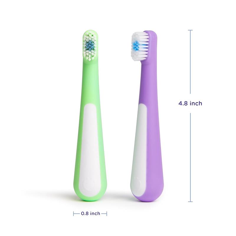 Toddler training toothbrush set featuring a soft-bristled green toothbrush and a purple toothbrush, each 4.8 inches long.
