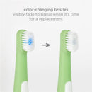 Toddler training toothbrush set featuring soft, color-changing bristles that signal replacement when faded.