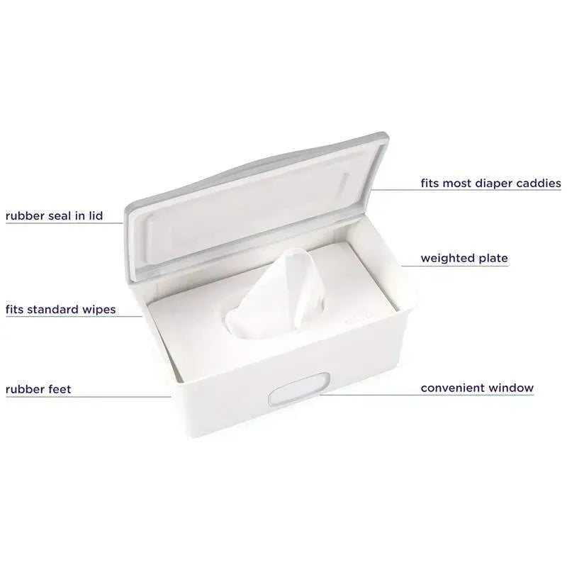 Gray Ubbi baby wipes dispenser with a rubber seal lid, weighted plate, and convenient window for easy access to wipes.