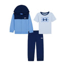 Under Armour 3Pk hoodie and pant set in Horizon Blue Heather, featuring a zip-up hoodie, t-shirt, and matching pants.