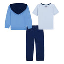 Under Armour 3-pack set featuring a horizon blue heather hoodie, light blue shirt, and navy pants.