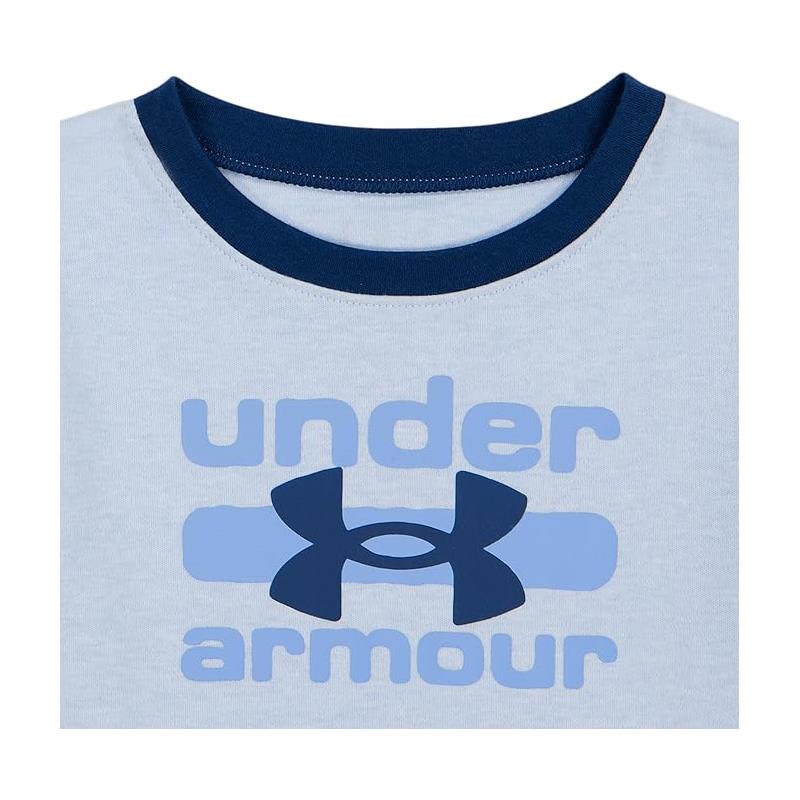 Horizon Blue Heather Under Armour hoodie featuring a navy crew neckline and bold logo text design.