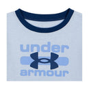 Horizon Blue Heather Under Armour hoodie featuring a navy crew neckline and bold logo text design.