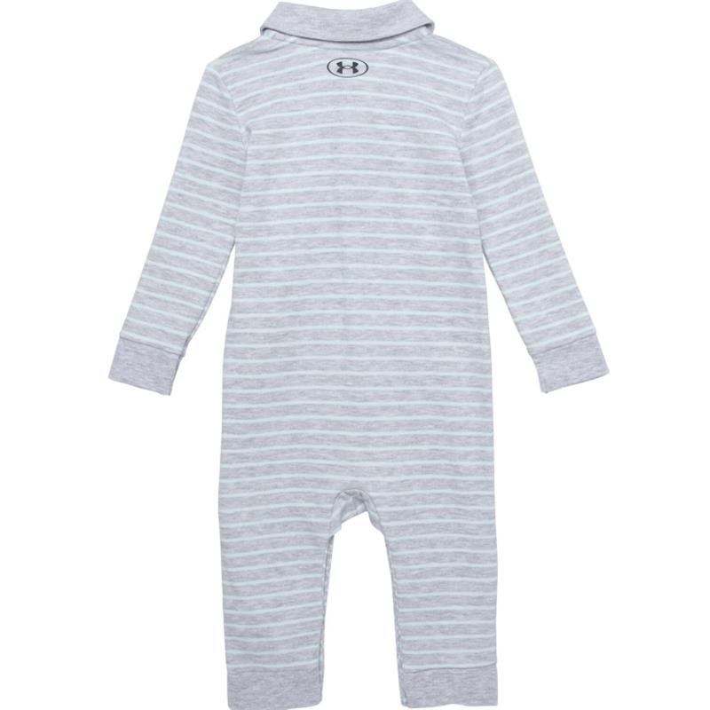 Baby boy coverall in mottled gray with white stripes, featuring a collar and Under Armour logo on the back.