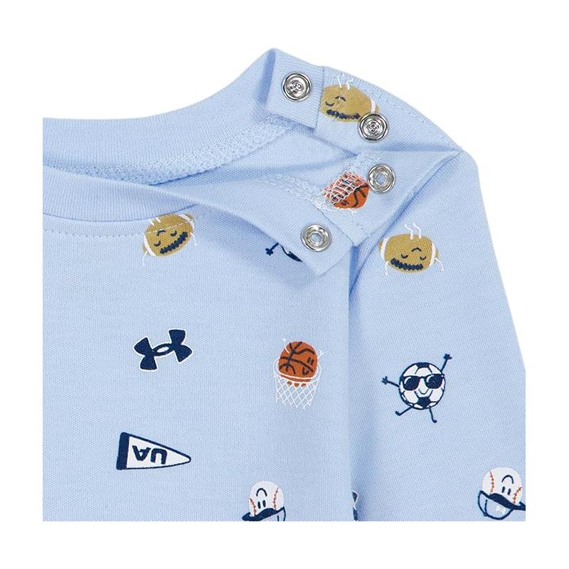 Nimbus blue baby coverall set featuring playful sports-themed graphics and snap closures at the neck.