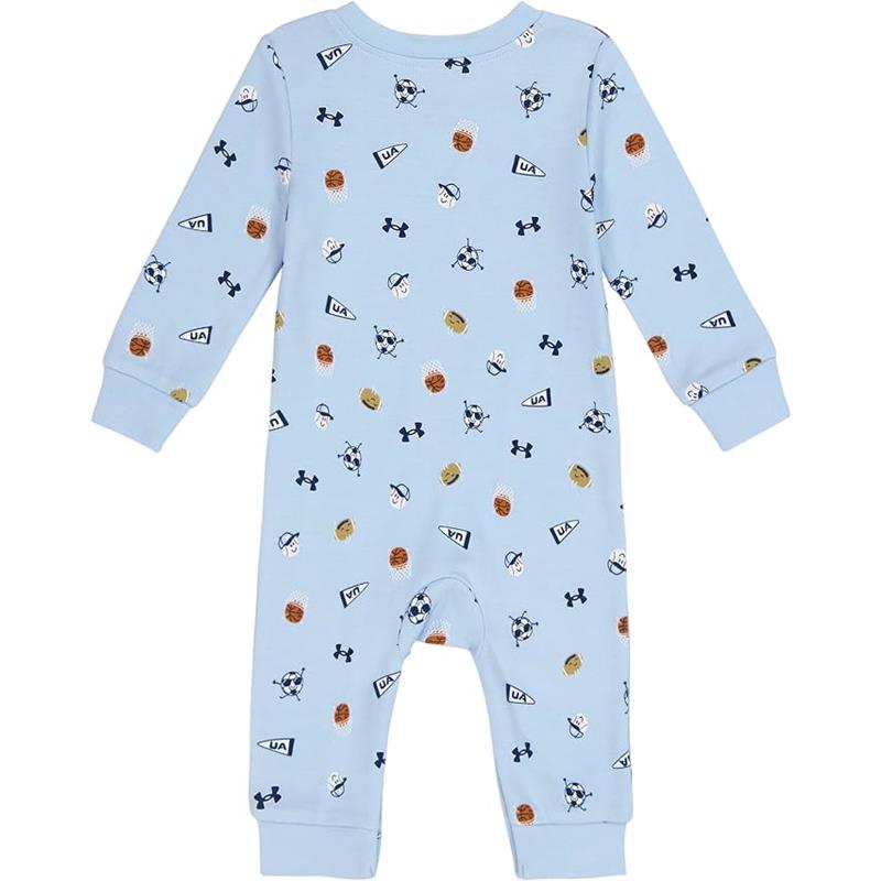 Nimbus blue baby coverall set featuring sports-themed prints, including soccer balls, baseballs, and Under Armour logos.