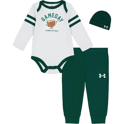 Under Armour Bodysuit Pant Gameday Set in Halo Gray Heather, featuring a white bodysuit with green stripes and a football graphic, paired with green pants and a matching beanie.