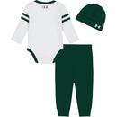 Under Armour Bodysuit Pant Gameday Set in Halo Gray Heather, featuring a white bodysuit, green pants, and matching beanie.
