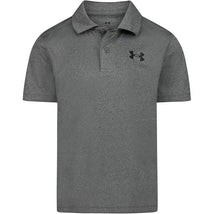 Gray short sleeve polo shirt for boys by Under Armour, featuring a two-button placket and logo on the chest.