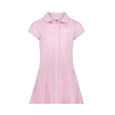 Short sleeve polo dress in prime pink with a flared skirt and white Under Armour logo on the chest.