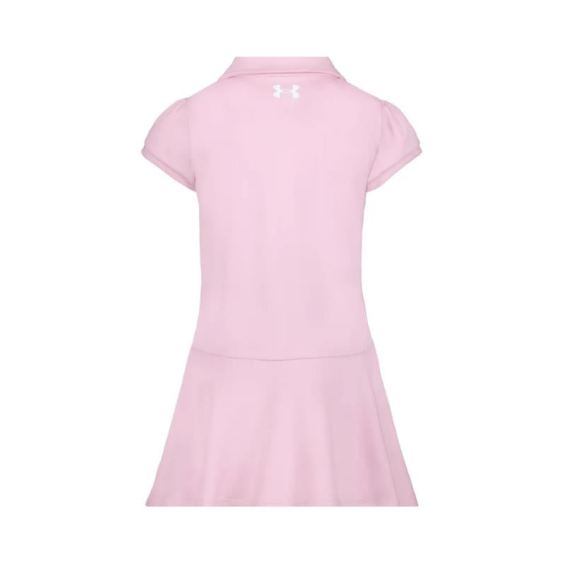 Short sleeve girl skort set in prime pink featuring a polo-style collar and the Under Armour logo at the back.