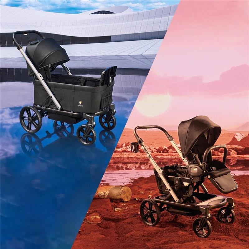 Trio Trolly Wagon by Unilove, featuring a black design and stroller accessories, showcased in contrasting environments.