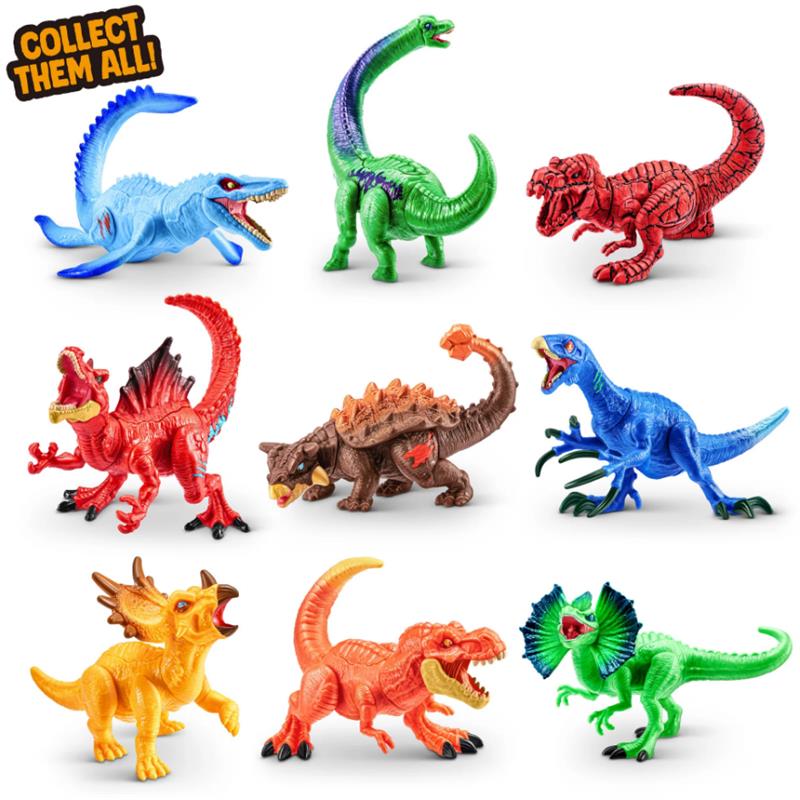 Colorful dinosaur figurines from the United Pacific Designs 5 Surprise Dino Mix & Match collection, showcasing various species.