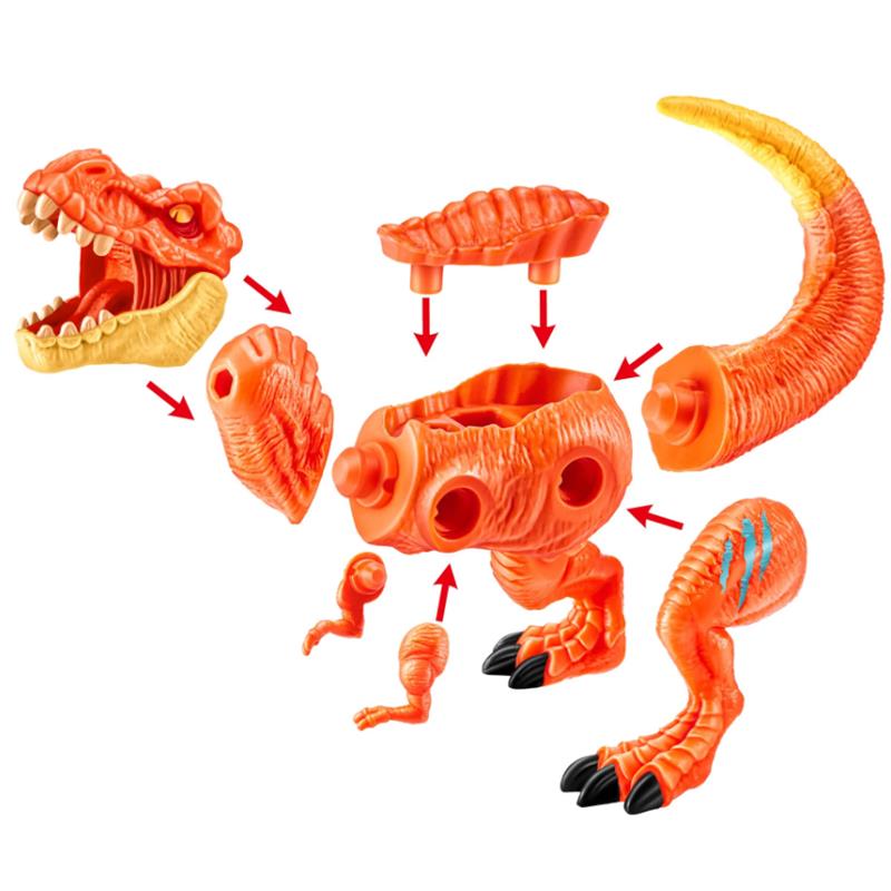 Mix-and-match plastic dinosaur toy with separated colorful body parts for customizable assembly, featuring a T-Rex design.