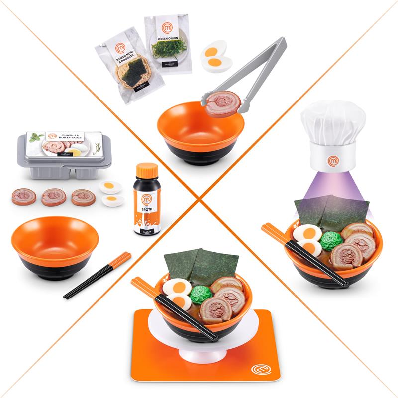 Mini Brands Master Chef Series 1, featuring miniature cooking items including bowls, ingredients, and utensils.