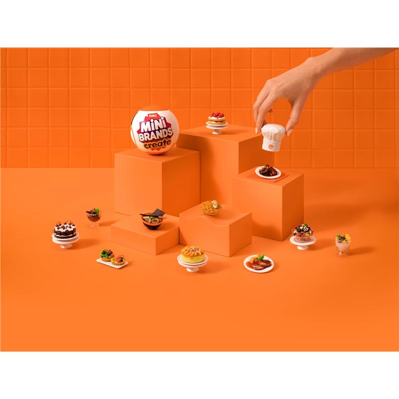 Mini Brands Master Chef Series 1 display with various small food items and a hand placing a chef hat on a pedestal.