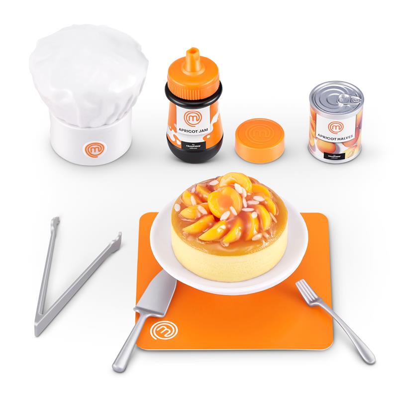 Mini Brands Master Chef set featuring a cake topped with apricot slices, apricot jam, and mini can of apricot halves.