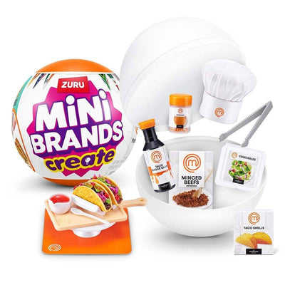 United Pacific Designs Mini Brands Master Chef Series 2 includes a ball, toy chef hat, cooking ingredients, and mini taco set.