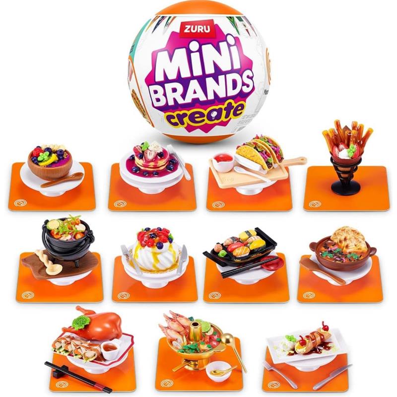Mini Brands Master Chef Series 2 featuring realistic miniature food items arranged on orange mats with a colorful display ball.