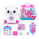 White plush puppy with pink accents, rescue kit packaging, accessories including bandages and a syringe, for imaginative play.