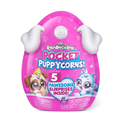 United Pacific Designs Rainbocorns Pocket Puppycorn Surprise in a pink foil bag featuring a dog and unicorn, with 5 surprises inside.