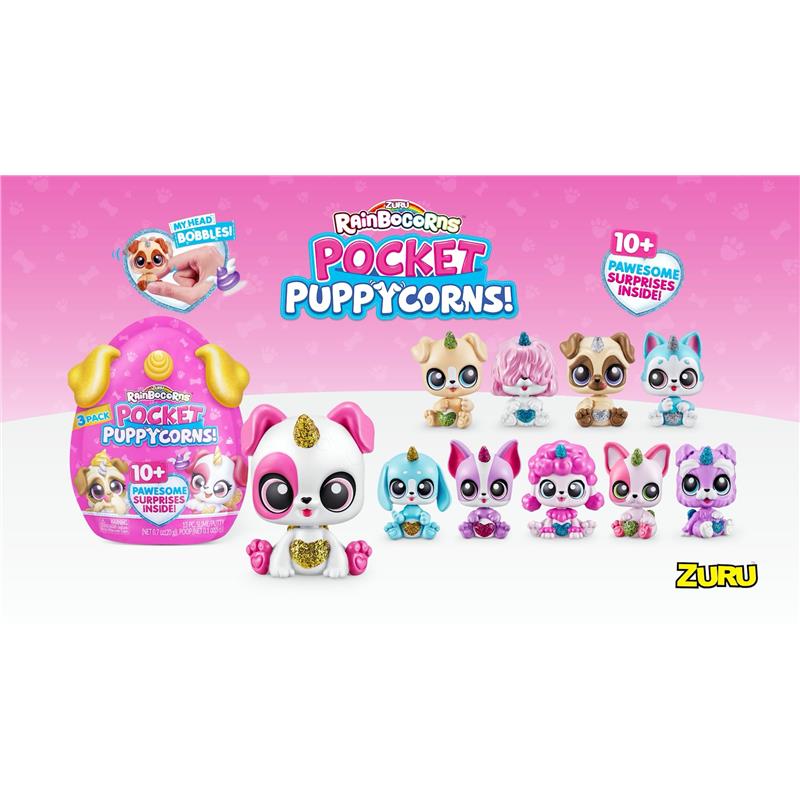 Rainbocorns Pocket Puppycorn Surprise Bobblehead in foil bag, featuring colorful toy animals with vibrant details and surprises inside.