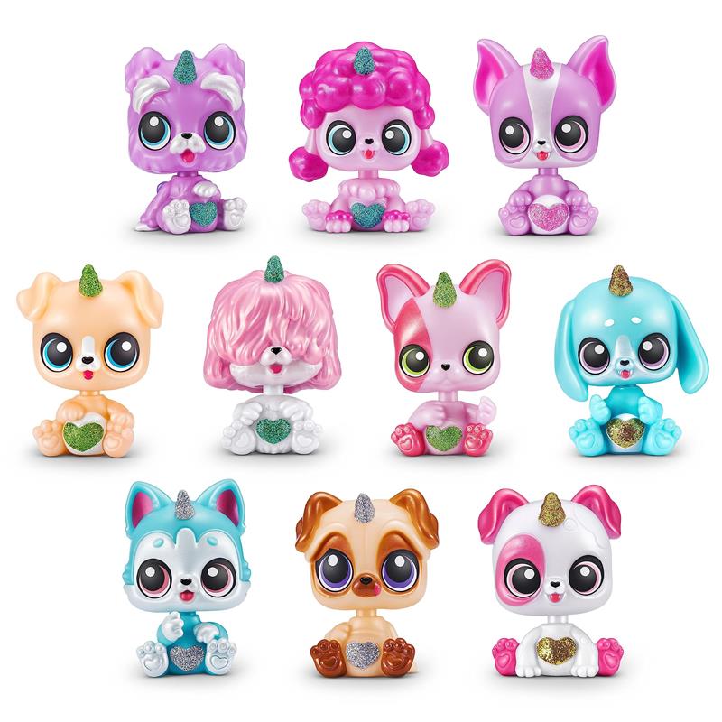 Colorful assortment of ten Rainbocorns Pocket Puppycorn Surprise bobbleheads, each with unique designs and glittery hearts.