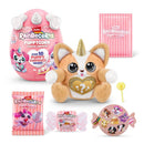 Plush Rainbocorns Puppycorn toy with golden horn, pink egg, surprise packet, and small accessories for interactive play.