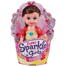 ZURU Sparkle Girlz Princess Cupcake Doll featuring a smiling girl with long brown hair, wearing a sparkly red and yellow outfit.