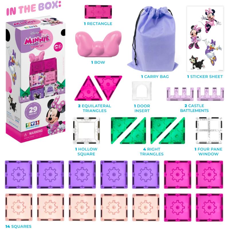 Disney Minnie travel set by United Pacific Designs, featuring a variety of magnetic tiles and accessories.
