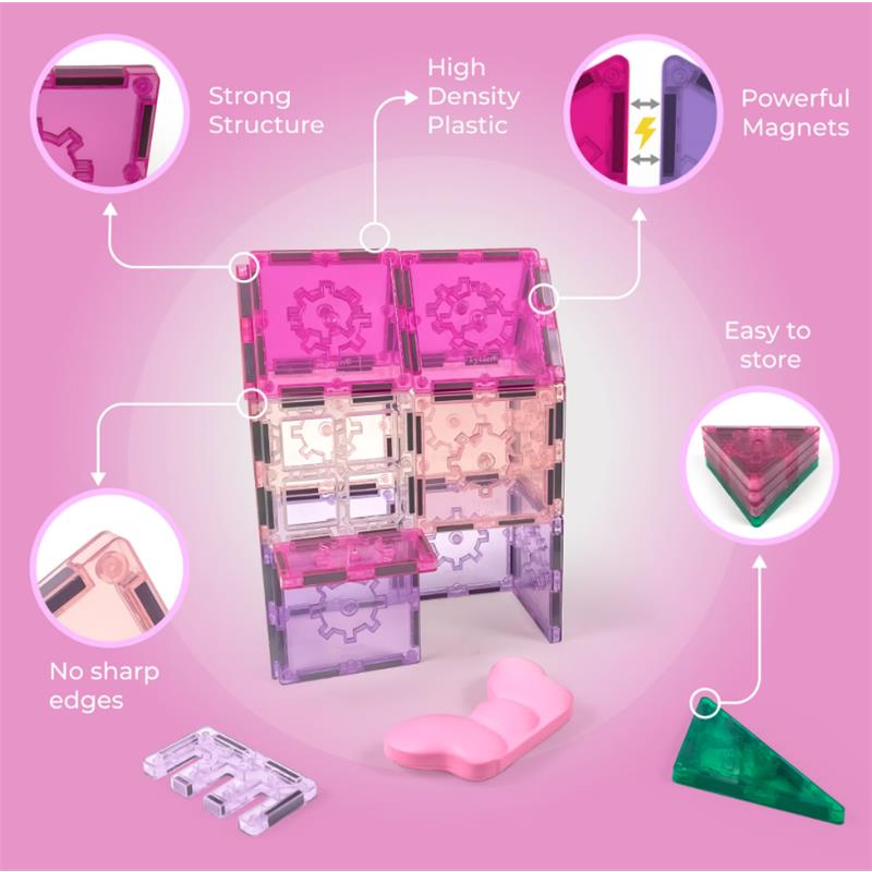 Magnetic tile kit featuring pink and clear tiles, highlighting strong structure, high-density plastic, and safety edges.
