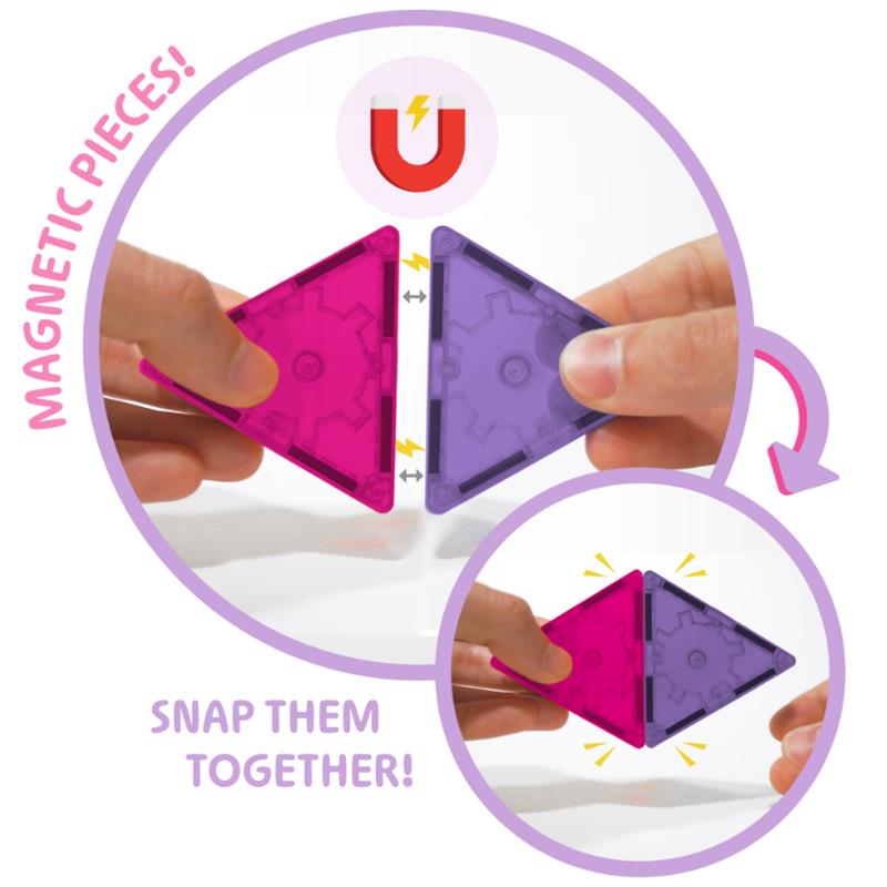 Magnetic triangular tiles in pink and purple being snapped together, showcasing the United Pacific Designs Tytan Disney Minnie Trvl kit.