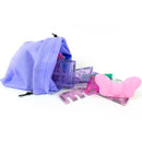 Magnetic tile kit with various colorful tiles including a pink butterfly, stored in a purple drawstring bag.