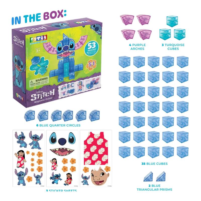 Disney Stitch 53 Piece Cube Magnetic Tile Kit, featuring colorful magnetic cubes and character stickers for creative play.