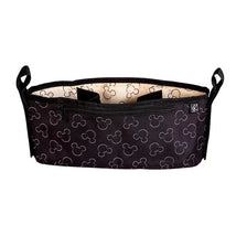 Universal stroller organizer in black featuring Mickey Mouse designs, with a spacious interior and zipper pocket.