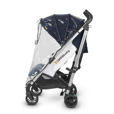 Rain shield accessory for UPPAbaby 2018 G-Series stroller, featuring clear plastic coverage and navy accents.