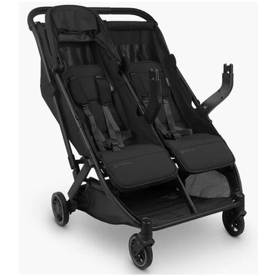 Uppababy Minu Duo stroller adapters for Mesa car seats, featuring a sleek black design and double seating.