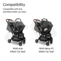 Adapters for Uppababy Minu V3 stroller shown with Aria and Mesa V2 infant car seats, highlighting compatibility features.