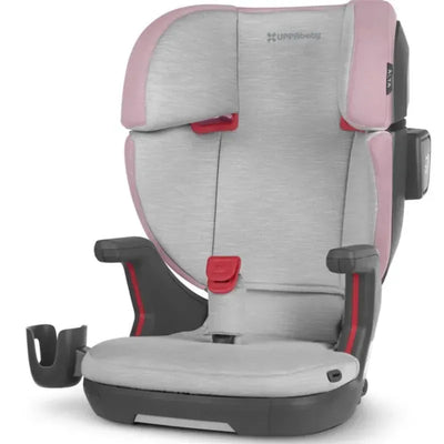 Uppababy Alta V2 Booster Seat in Iris (Grey Mélange), featuring grey fabric with pink accents and side wings for safety.