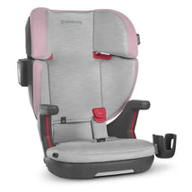 Uppababy Alta V2 Booster Seat in Grey Mélange features a modern design with pink accents and adjustable headrest.